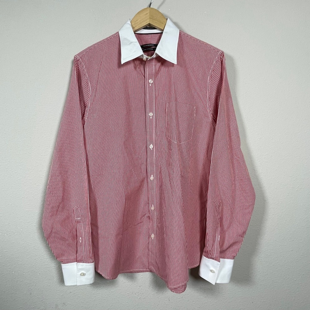 Club Monaco Dress Shirt Dapper Sartorial Men L Red White Gingham Contrast Collar